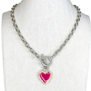 Vintage Y2K Bimbocore Pink Heart Rhinestone Toggle Closure Chain Necklace